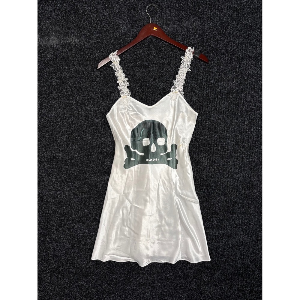 California Dynasty Vintage White Satin Skull Lace Slip Dress Small